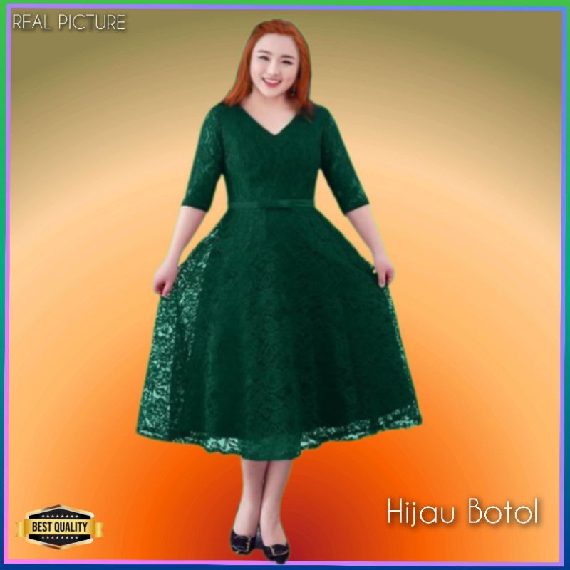 Dress Pesta Wanita Ovina Jumbo LD 120 Gaun Korea Kondangan Hijau Botol