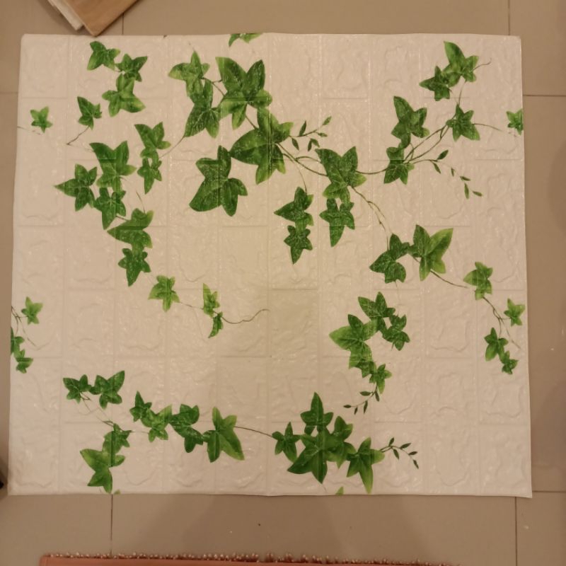 Wallpaper dinding 3D bahan foam motif batu bata putih daun hijau 71x77cm