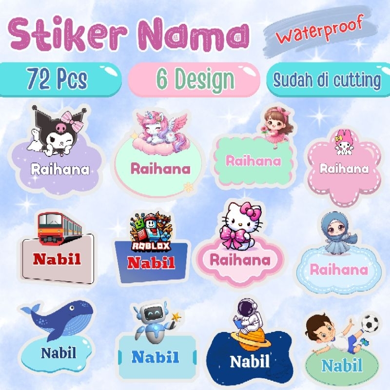 

Stiker Nama Custom Waterproof Bahan Vinyl Anti Air 72 Pcs 6 Design