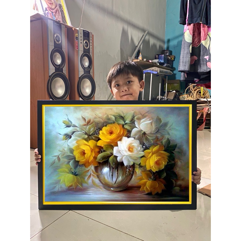 hiasan dinding gambar bunga teratai cantik plus bingkai