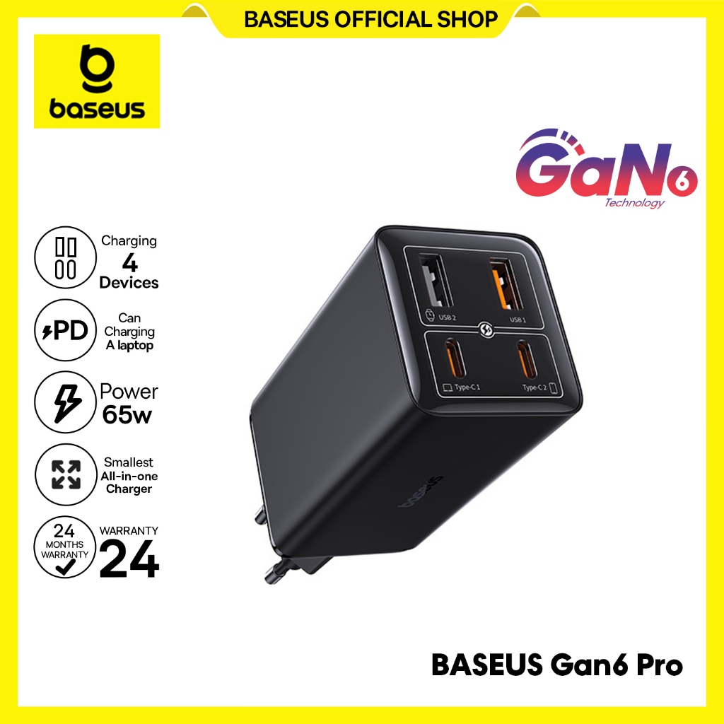 Baseus Charger GaN6 Pro Fast Charging 2C+2U 65W With Cable Type-C to Type-C 100W Tablet Ipad charger
