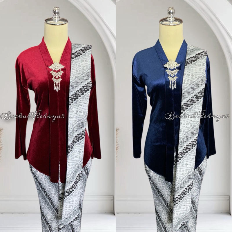 Setelan Kebaya Kartini Encim Bludru / Kebaya + Selendang + Jarik Motif Lereng Sogan Putih