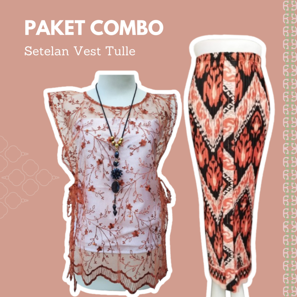 Set Outer Vest Tulle Mix Plisket Batik Tunik Brukat Silang One Set Korean Look Brukat + Kulot Putih 