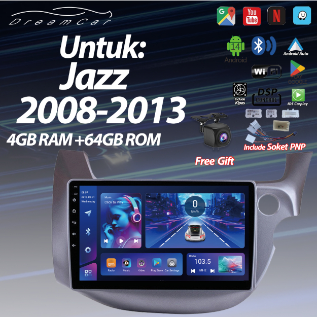 Untuk Jazz 2008-2013 6+64G Head Unit Android 14 Mobil 10inch IPS Screen Termasuk Frame / Soket PNP /
