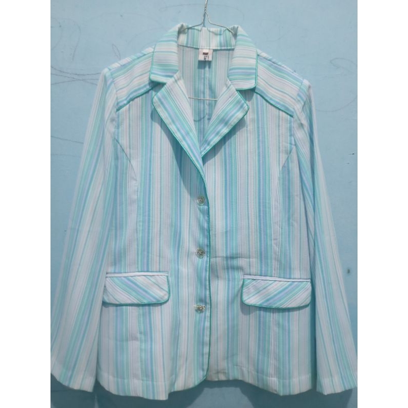 blazer, atasan, outer wanita, preloved blazer motif garis2 biru hijau putih