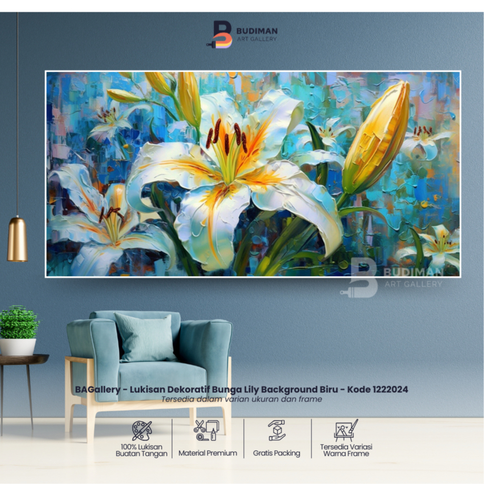lukisan dinding estetik ruang tamu abstrak modern bunga lily