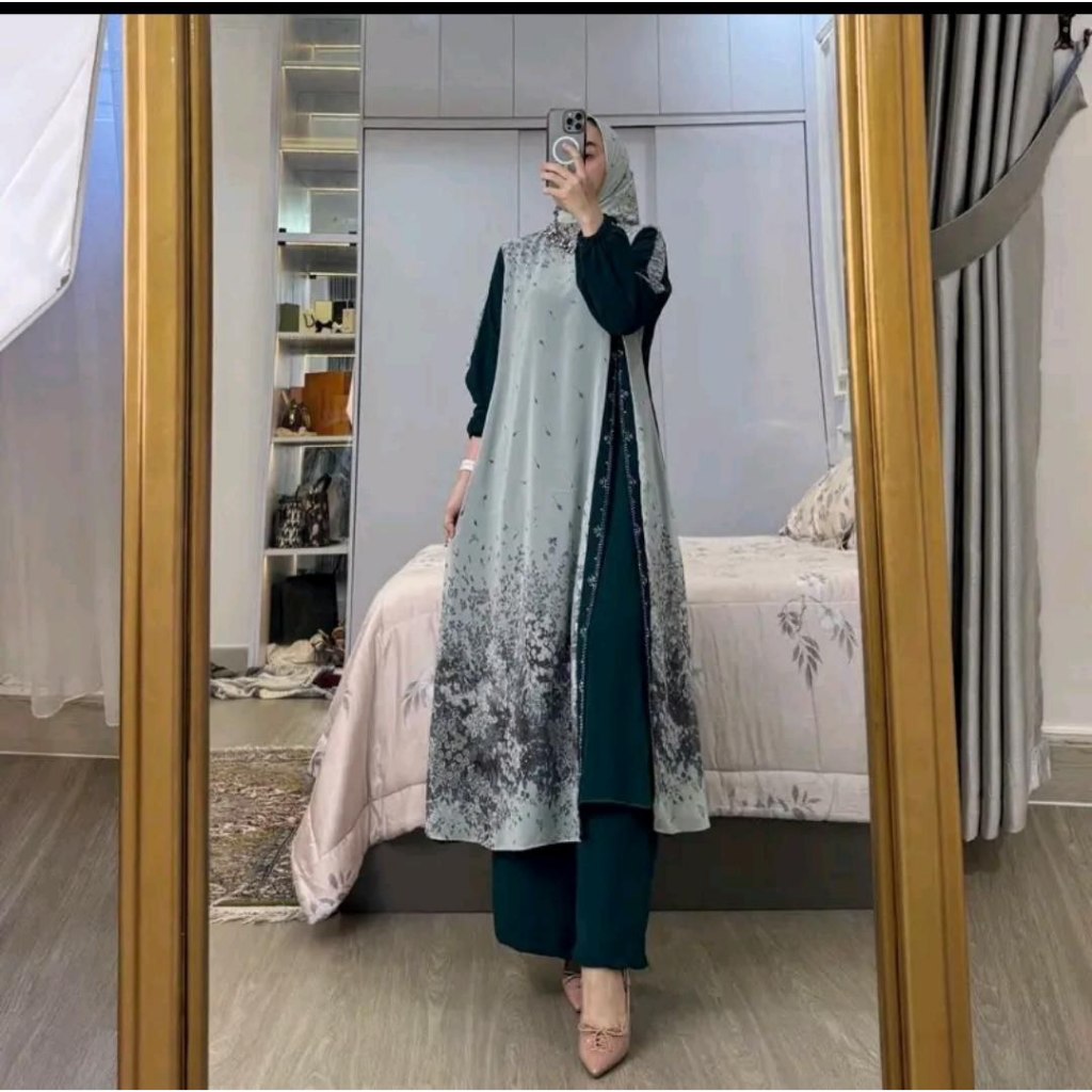 DISKON . SETELAN LONG TUNIK SET HIJAB BUSUI FRIEDLY MOTIF BUNGA KEKINIAN MODEL BARU MEWAH TIBRAN