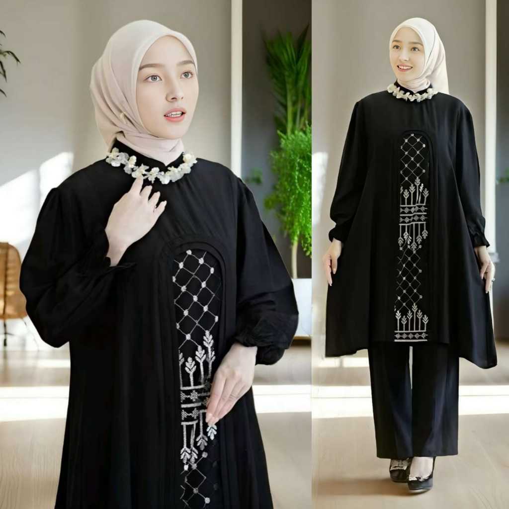|Stok kosong maaf|Setelan Muslimah AGni Brukat Elegan – Baju Atasan Brukat Kombinasi Celana Crinkle-