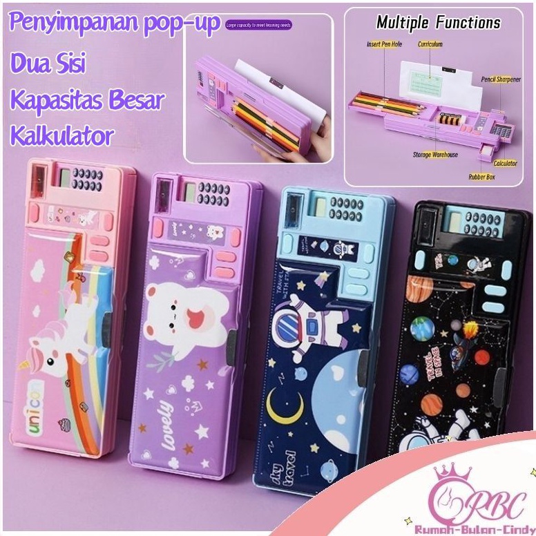 

Hot Item Penjual Lokal Kotak Pensil Multifungsi Kotak Alat Tulis Pop Out Tempat pena berkapasitas besar dua sisi Astronot dengan Kalkulator Rautan Pensil
