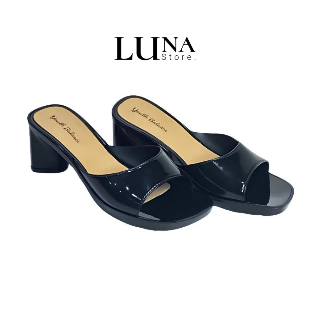Sandal Heels Hitam Polos Wanita Jelly Hak Kerja Karet Import Balance S08