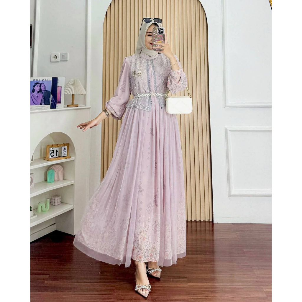 Gamis Wanita Aisyah Ceruty Baby doll Mix Brukat | Dress Maxi Muslimah Kekinian