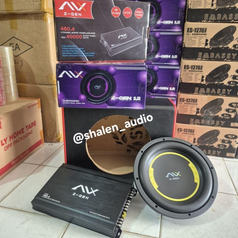 Paket audio mobil avx z-gen, power 4chanel, Speaker subwoofer 12inch dan box subwoofer mdf 12inch