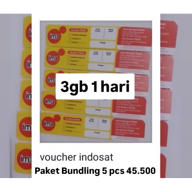 Voucher Indosat 3 gb 1 hari bundling 5 pcs 45.500