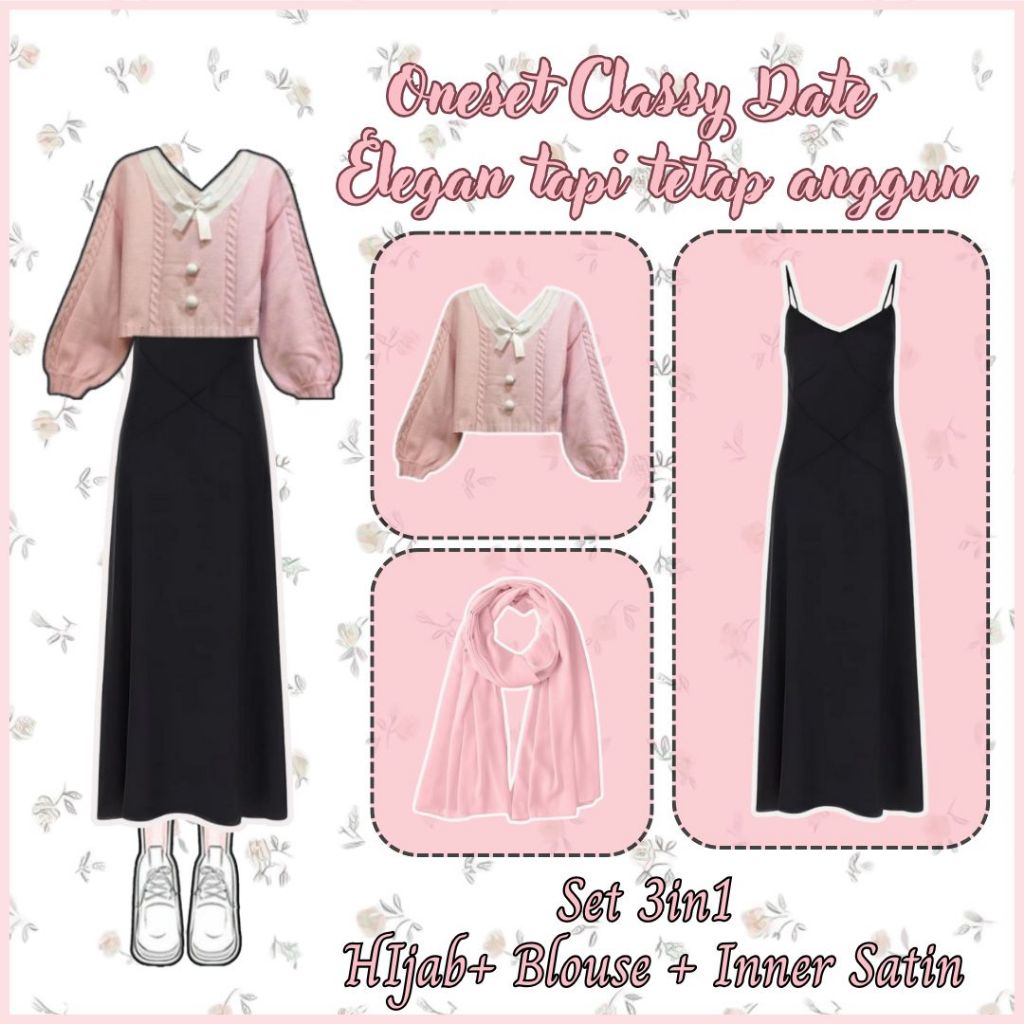 Set Outfit Hijab | Oneset Kawai 3in1 | inner dress, Sweater, Hijab | Set Hijab Non Hijab | Bisa Beli