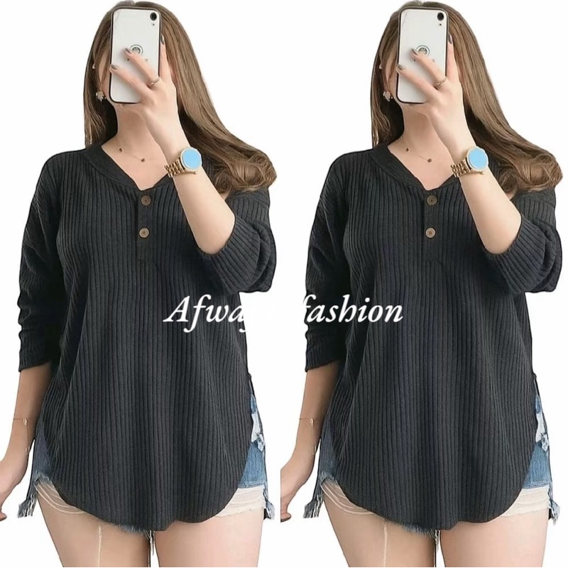 Kaos Wanita Waffel Kancing Depan/Kaos Wanita Lengan Panjang Wafffel
