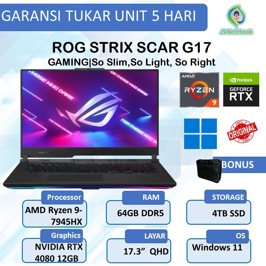 ASUS ROG STRIX SCAR 17 G733PZ RYZEN 9 7945HX RTX4080 12GB/ 64GB 4TB W11PRO 17.3QHD 2.5K 240HZ