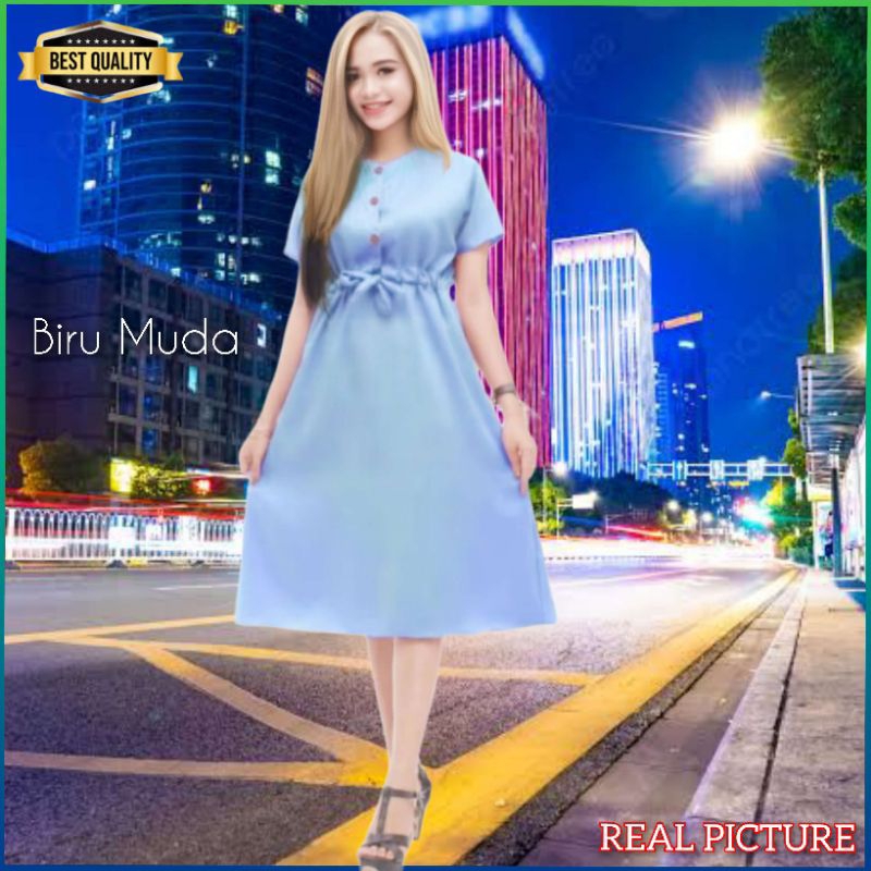 Dress Wanita Althaea Jumbo LD 90-112 Korean Style Biru Muda