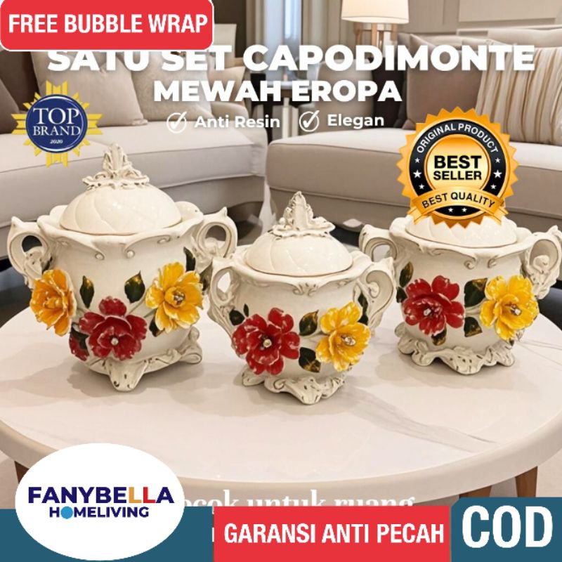 Pajangan Set 3 Toples set 3 Keramik Motif Bunga Capodimonte Itali Dekorasi Rumah Import