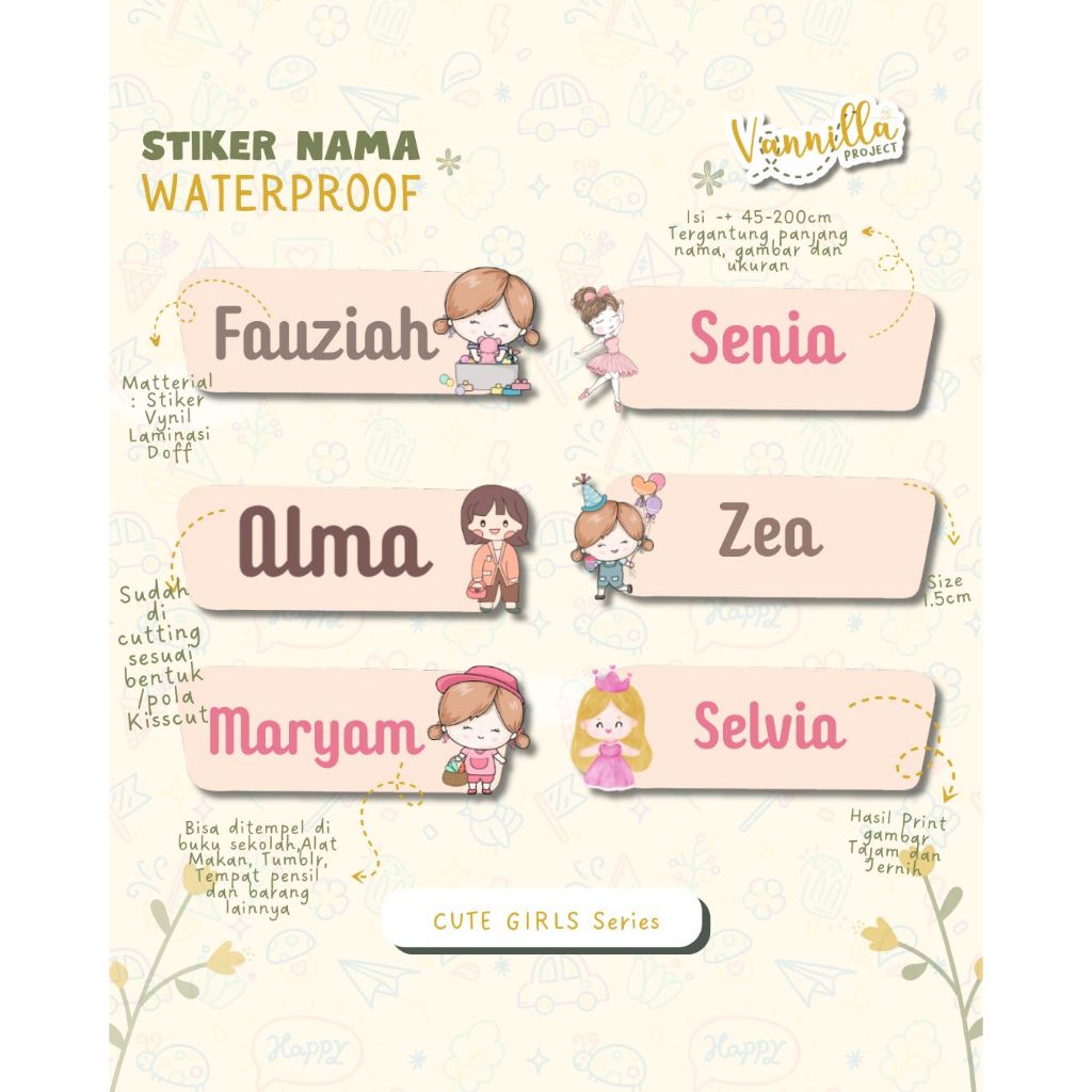 

vanilabeekids 90pcs STIKER KISS CUT | STIKER NAMA ANAK | LABEL NAMA | WATERPROOF | TAHAN AIR | STIKER VYNIL | CUTE GIRL