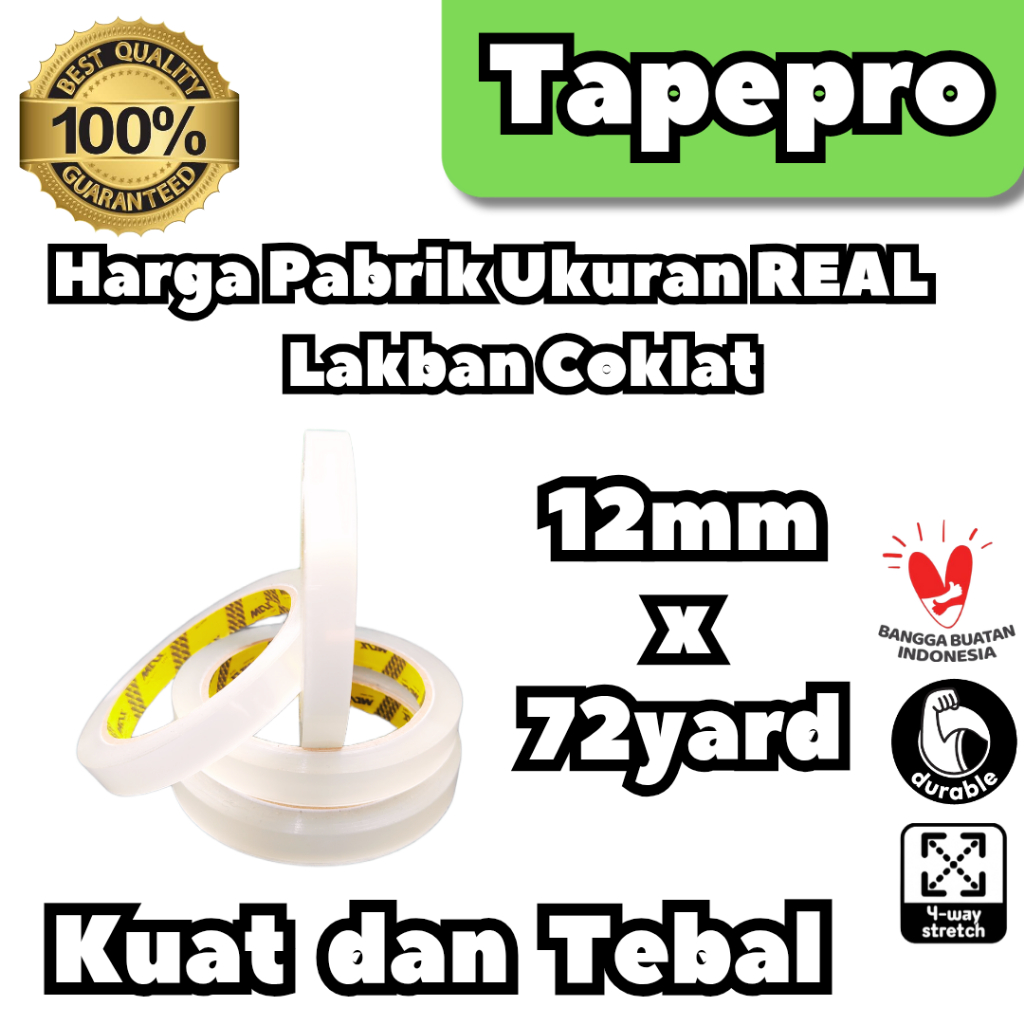 

Tapepro Isolatip/Solatip/Lakban OPP Bening Coklat 12mm x 72yard Super Lengket Tebal