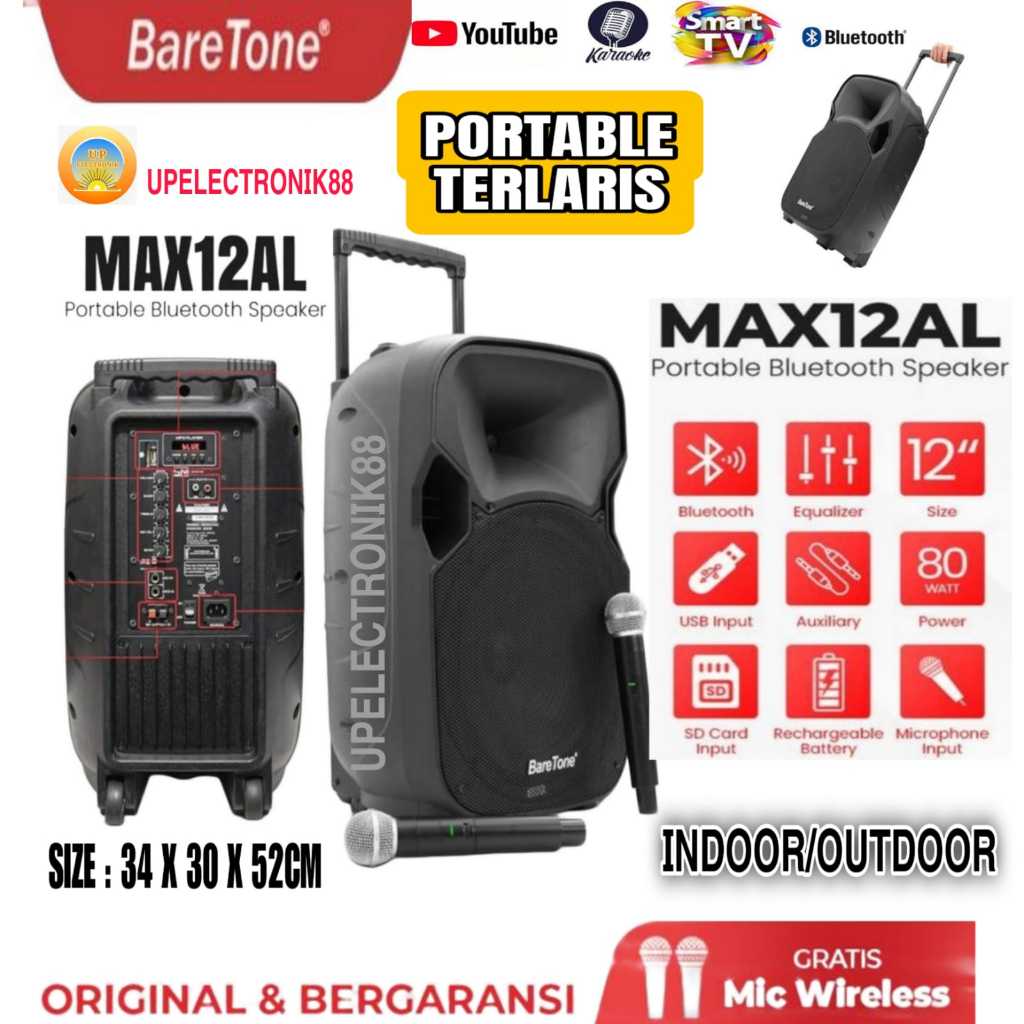 Baretone speaker portable aktif 12" Baretone MAX12AL rms 100watt bluetooth original terlaris