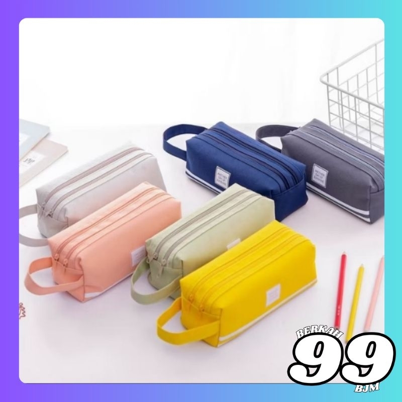 

Kotak Pensil Besar Double Zipper Warna bahan Kanvas Kain