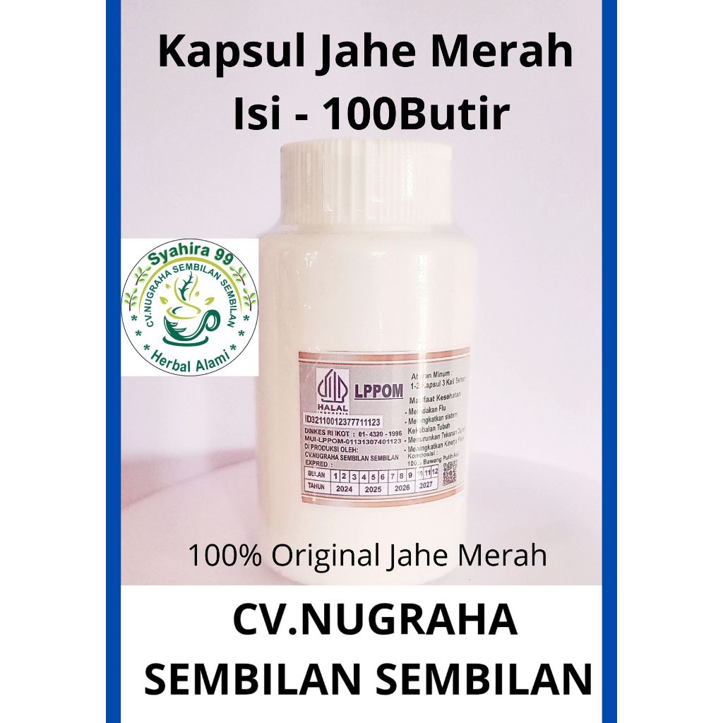 

KAPSUL HERBAL ALAMI JAHE MERAH ISI 100 BUTIR MEREDAKAN NYERI DAN KEKEBALAN TUBUHKEMASAN BOTOL PUTIH