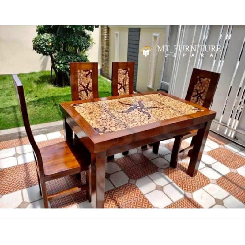 Meja makan koin Bintang kayu jati Jepara