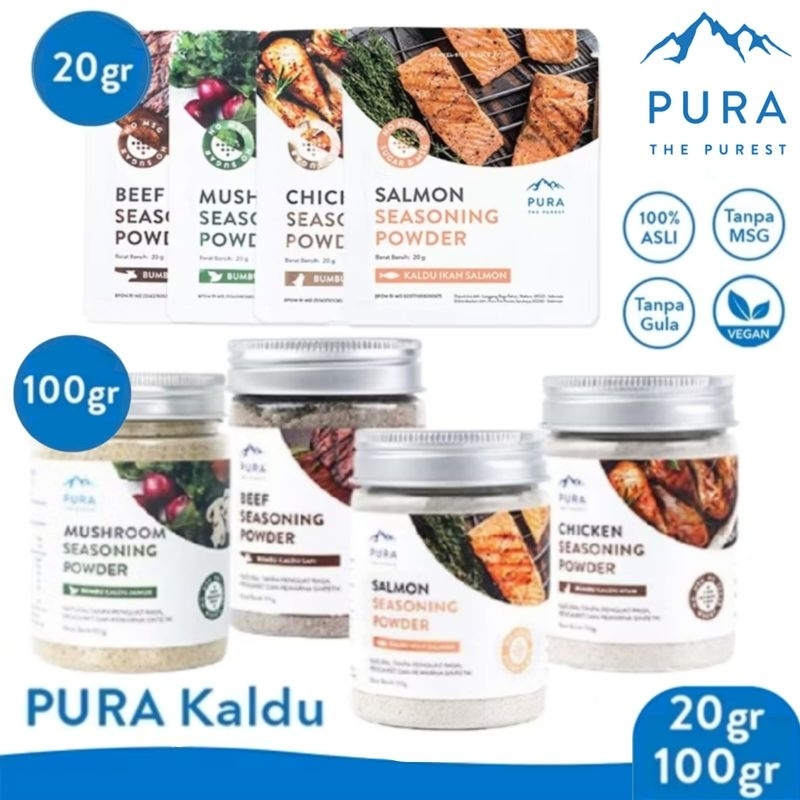

PURA Bumbu Kaldu Asli Rasa Ayam Kampung, Sapi, Jamur, Salmon (20gr & 100gr) Seasoning Powder - Kaldu MPASI No MSG No Gula BB Booster