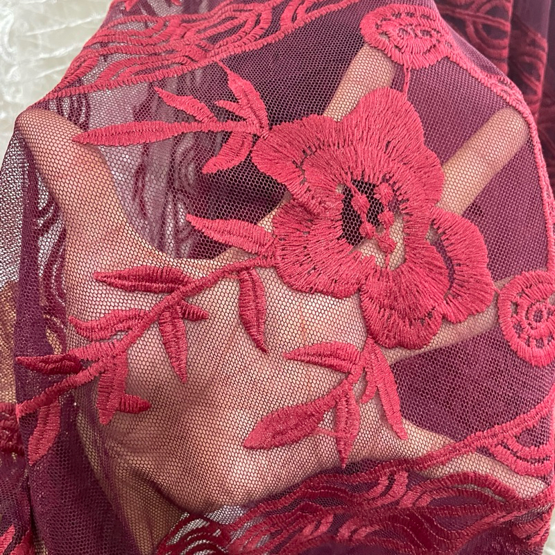 kain organza bordir motif bunga premium - kain organza korea bordir - kain organza bordir warna maro