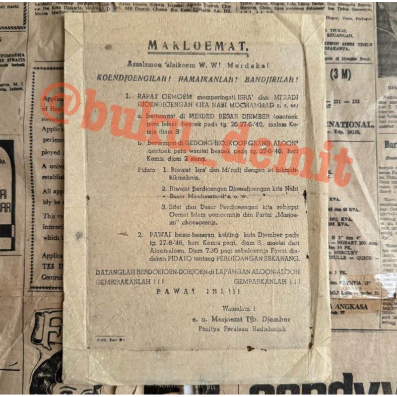 DOKUMEN/ARSIP/BROSUR MAKLOEMAT MASJOEMI 1946 // RAPAT OEMOEM ISRA' MIRADJ NABI MOCHAMMAD SAW DI DJEM