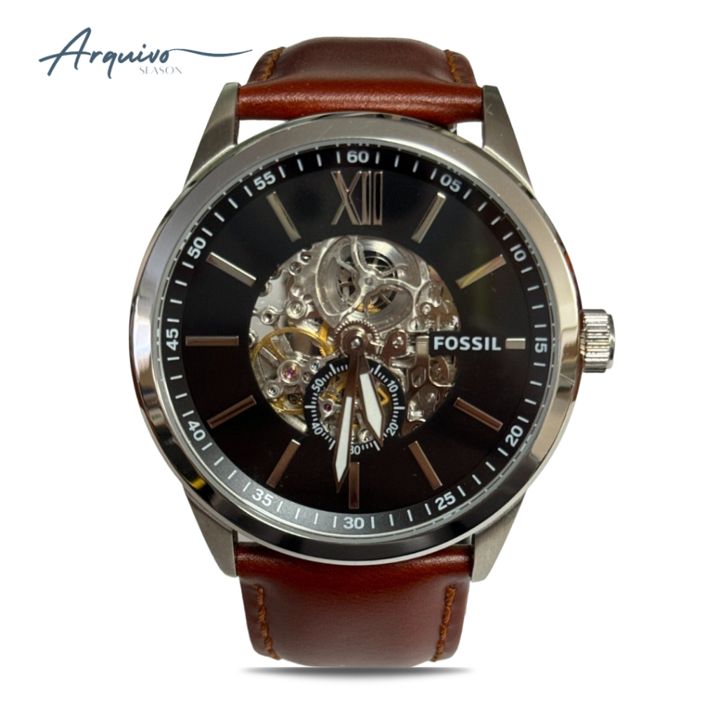 Jam Tangan Pria Fossil Men Automatic Flynn Mechanical Kulit Brown Casual Original BQ2270