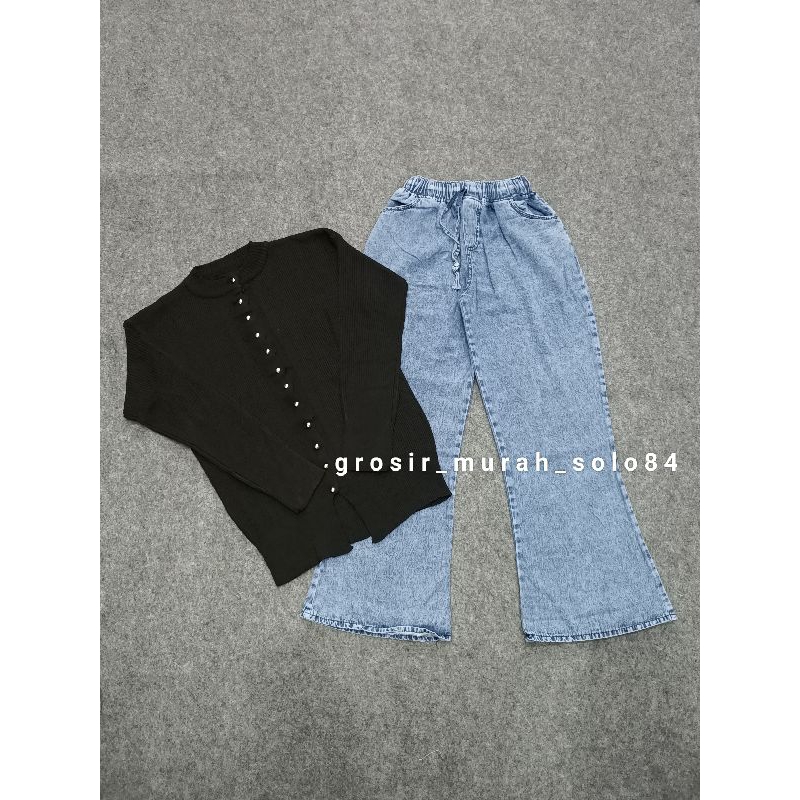 Setelan Wanita Anggun Atasan Rajut Kardigan + Celana Cutbray Jeans Terbaru
