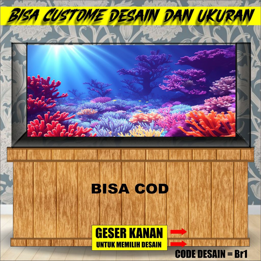 stiker background aquarium 3d timbul custome jumbo kaca akrilik besar full under water br