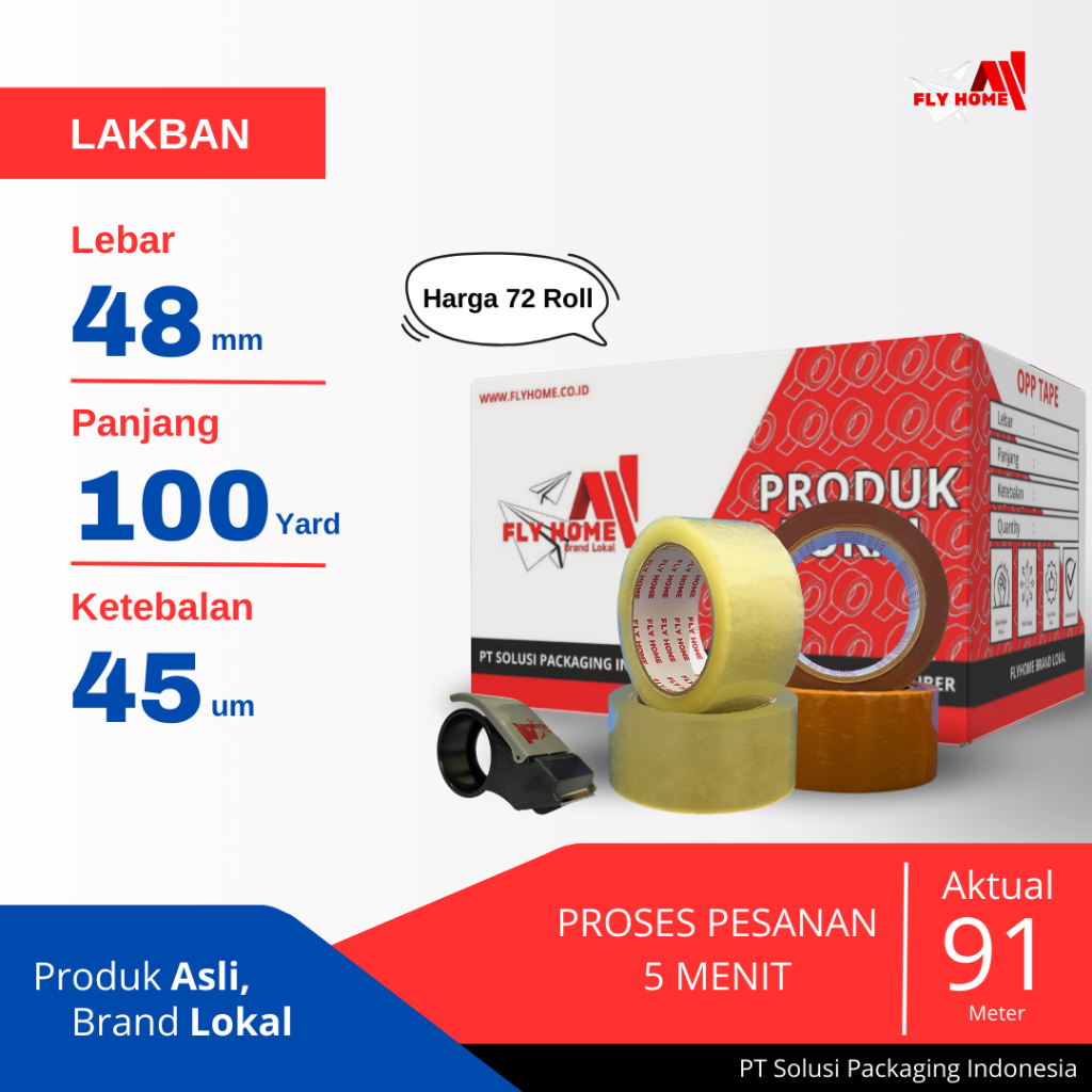 

FLYHOME Lakban bening coklat 100yard 91METER 2inci 48x100 yard 1 dus 72Rolls jumbo CARGO