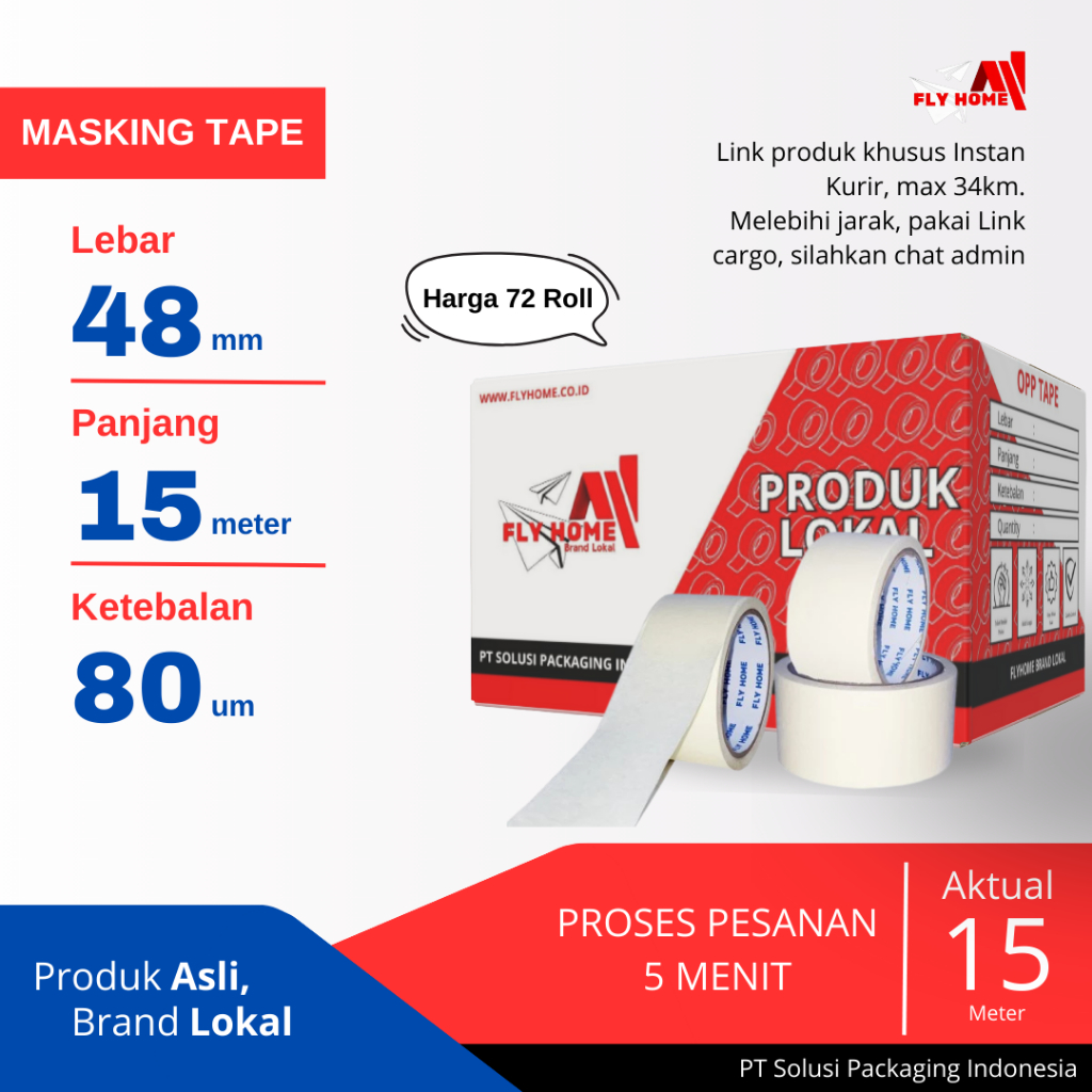 

FLYHOME Lakban kertas 48mm x 15meter 1 dus 72 roll masking tape ukuran Full Instan