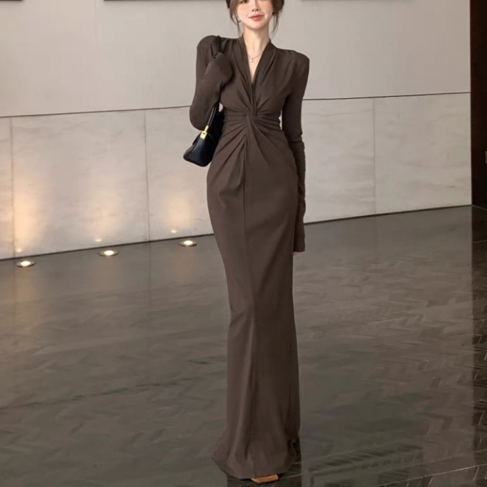 baju summer midi dress terbaru 2025 dress brown lengan panjang prom evening dress press body wanita 