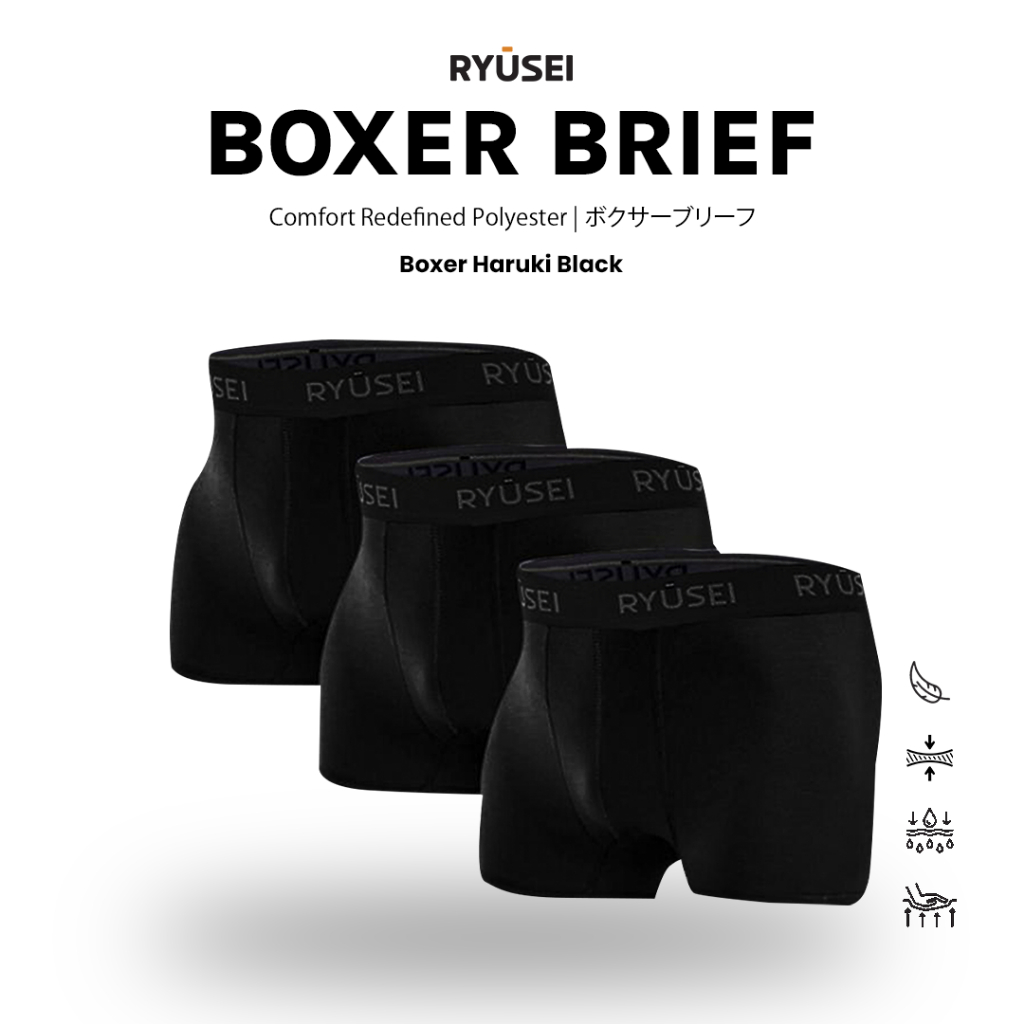 Ryusei Boxer Haruki Polyester Spandex 3 Pcs - Black | Nyaman & Elastis