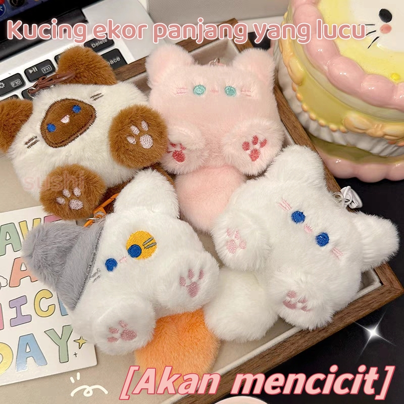 Gantungan Kunci Suara/Liontin ransel yang lucu/Gantungan Kunci Boneka Kucing Fluffy Bunyi Lucu/Gantu