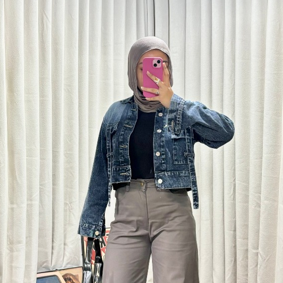 BESTPROMO EMWEHA FUJI JAKET CROP JEANS DENIM OVERSIZE CEWEK POCKET VARIASI TALI DENIM