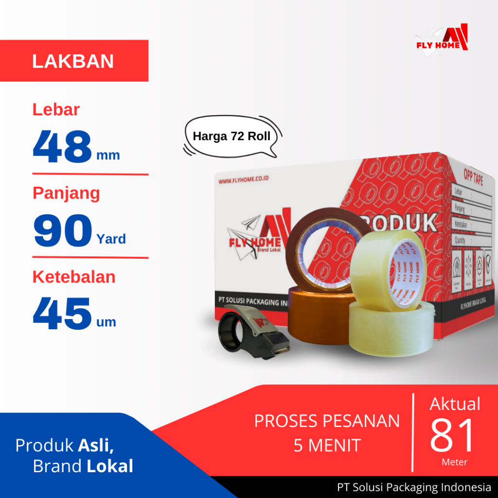 

FLYHOME Lakban bening coklat 90yard 81METER 2inci 48x90 yard 1 dus 72Rolls jumbo CARGO