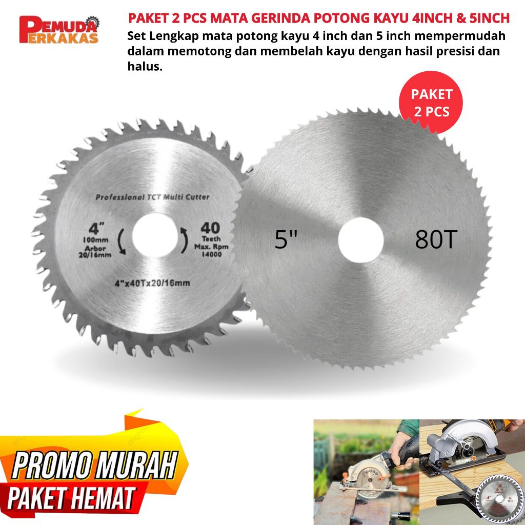 2PCS Mata Gerinda Saw Blade Belah Kayu 40T & 80T Mata Gergaji Potong Kayu Mata Gerinda Tangan 4 Inch