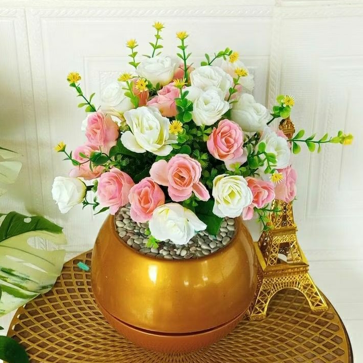 bunga mawar artificial vas gold