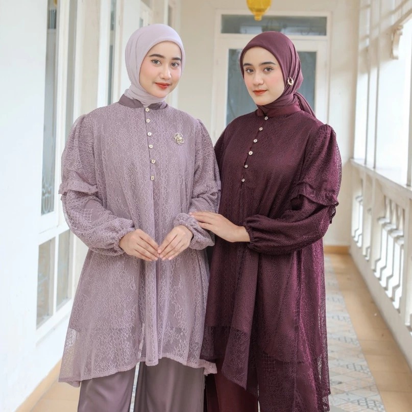 Hansa Setelan Bahan Satin One Set Atasan + Celana Brukat Setelan Busana Kondangan Muslimah Baju