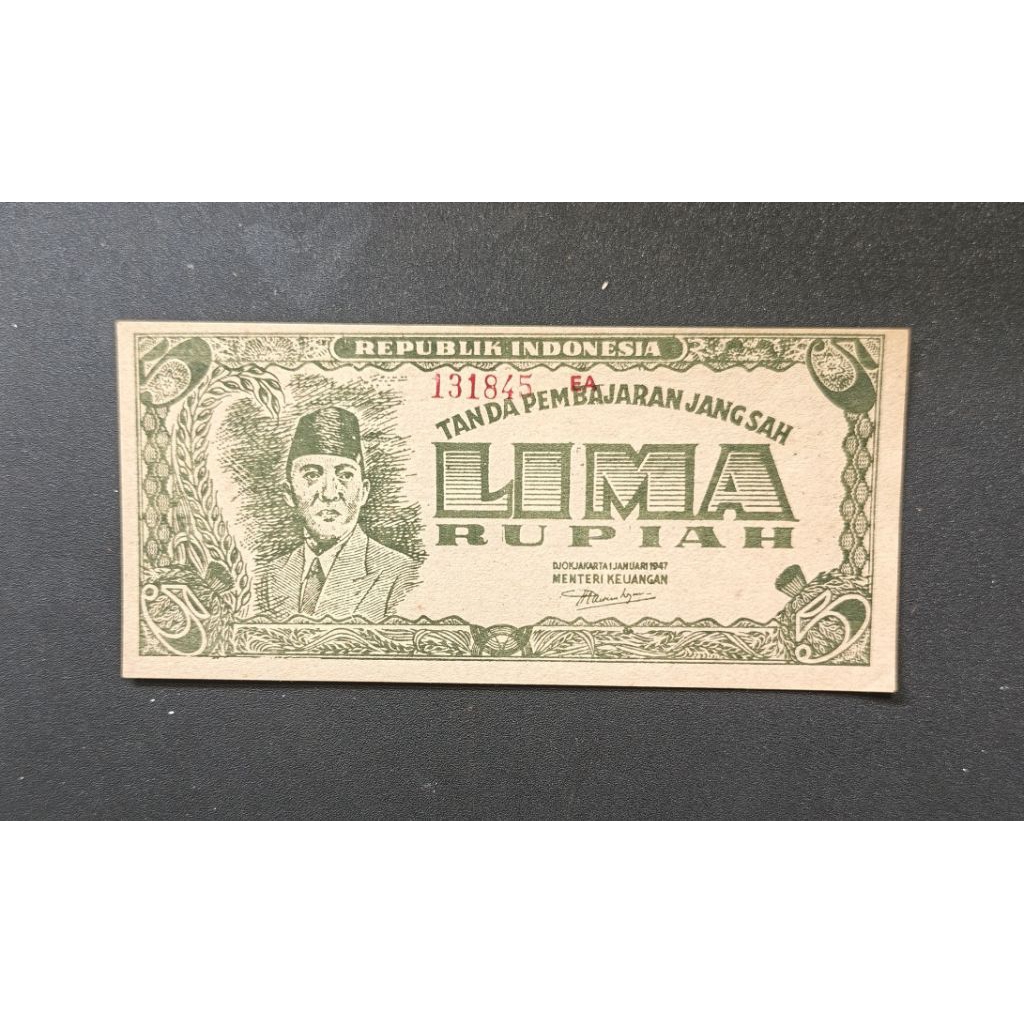 Uang Kertas Kuno 5 Rupiah Ori Tahun 1947