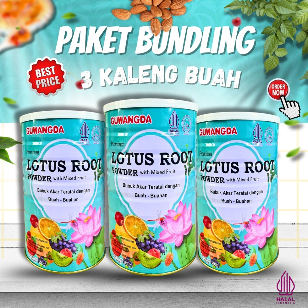 

3 KALENG LOTUS ROOT POWDER HALAL (BPOM) Paket Hemat Bundling BubuK Akar Teratai Buah-makanan diet sehat cemilan sehat Guwangda