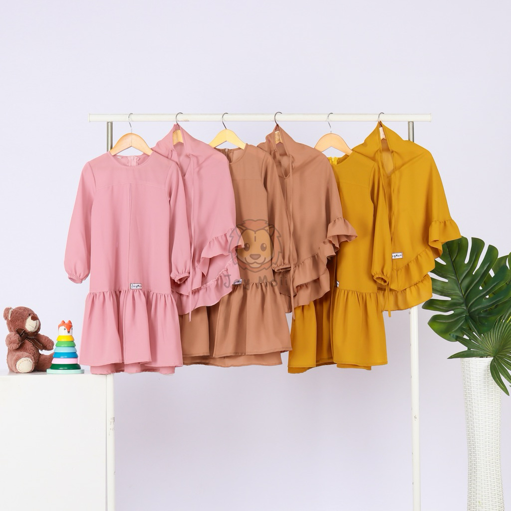 JOYMOII Set Gamis Anak Ceruty Ruffle bahan Nyaman dan Adem Kerudung Mustard Pink