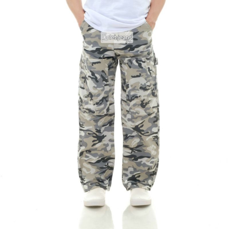 Celana Loreng Panjang Pria Carpenter Pants Reguler Loreng Camo White Putih Cargo Pants Loose Fit Non