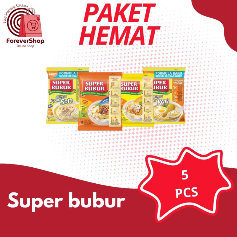

Super Bubur - PAKET HEMAT 5 PCS - Bubur Instan Rasa Ayam, Abon Sapi, Kuah Kari, dan Kuah Soto