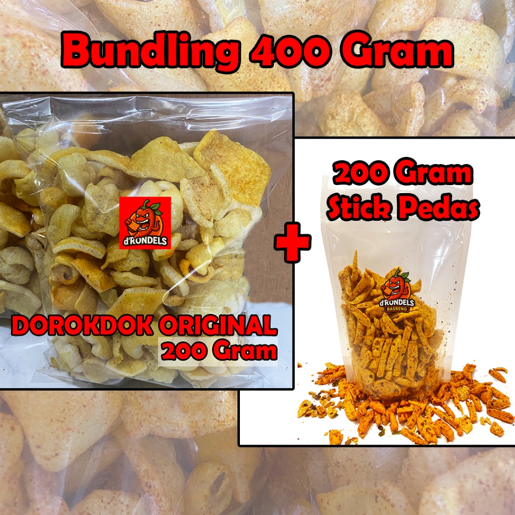 

Bundling 200 Gram Kerupuk kulit Dorokdok Original + 200 Gram Basreng Stick Pedas Daun Jeruk 200 Gram